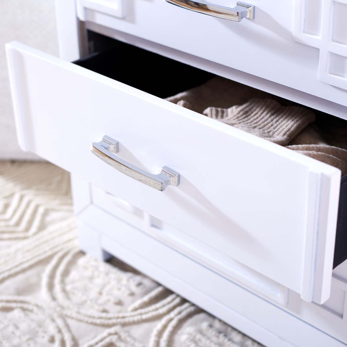 Raina Three Drawer Greek Key Night Stand | Safavieh - White / Silver