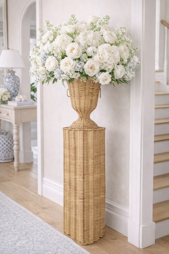 Square Scalloped Wicker Urn and Pedestal