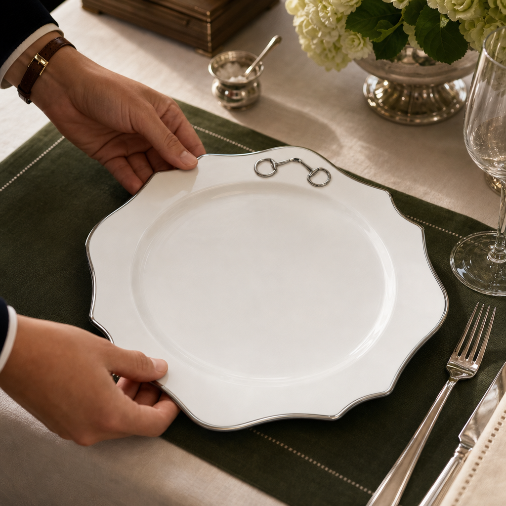 Pewter Bit Bone China Scallop Charger Plate Platinum Rim