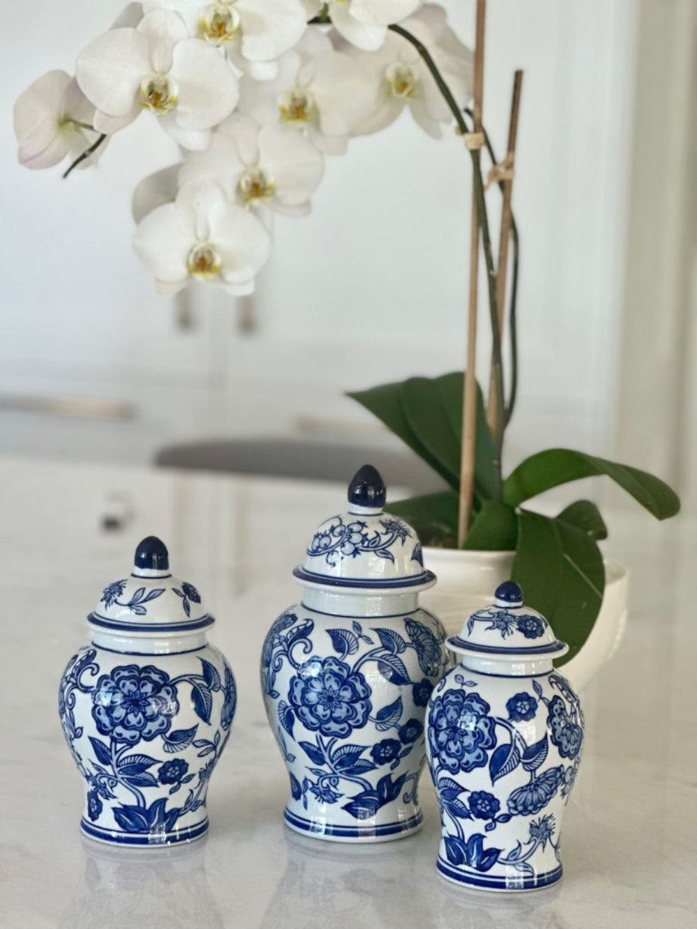 Set of 3 Blue & White Flower Food Safe Jars