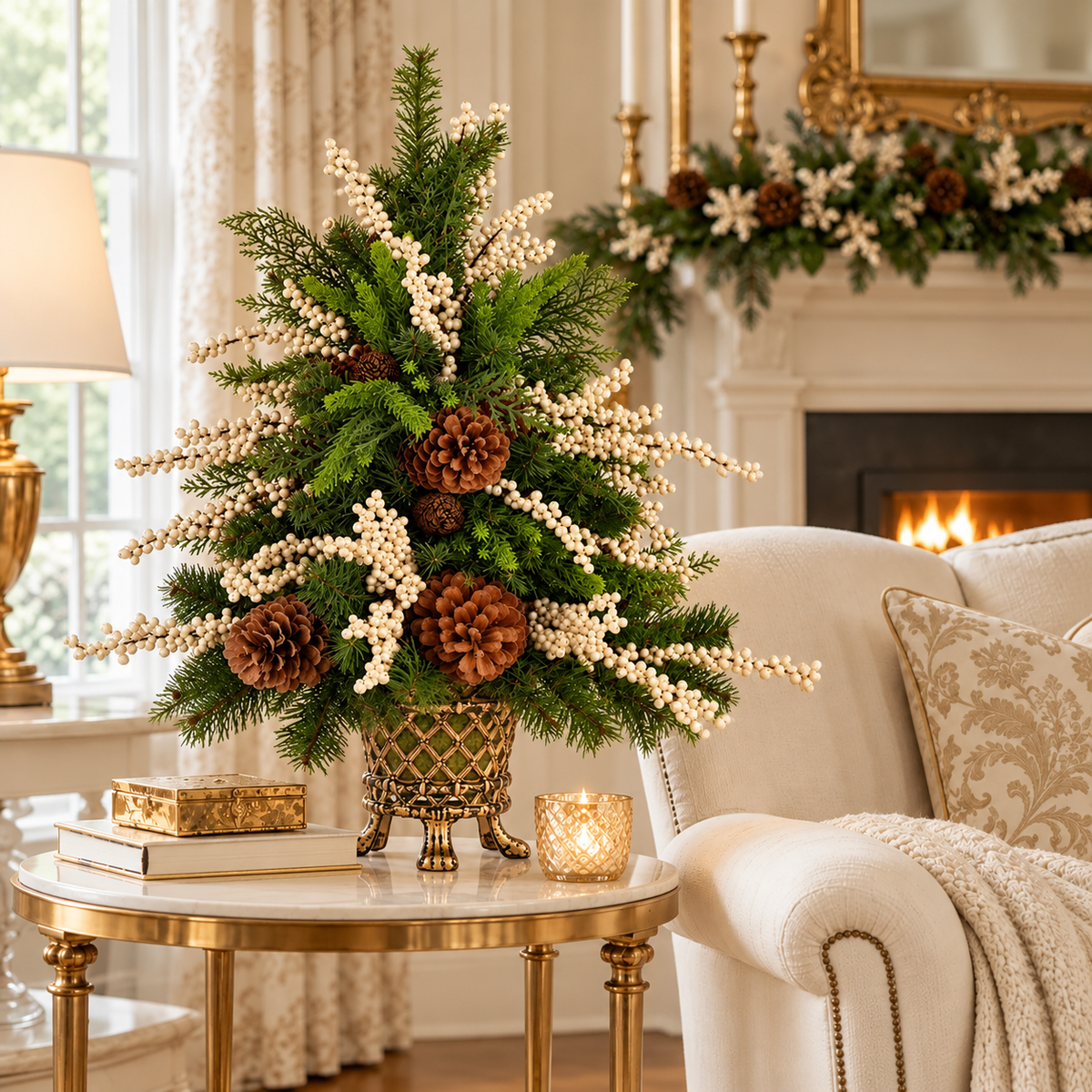 White Berry Holiday Tree in Gold Lattice Planter