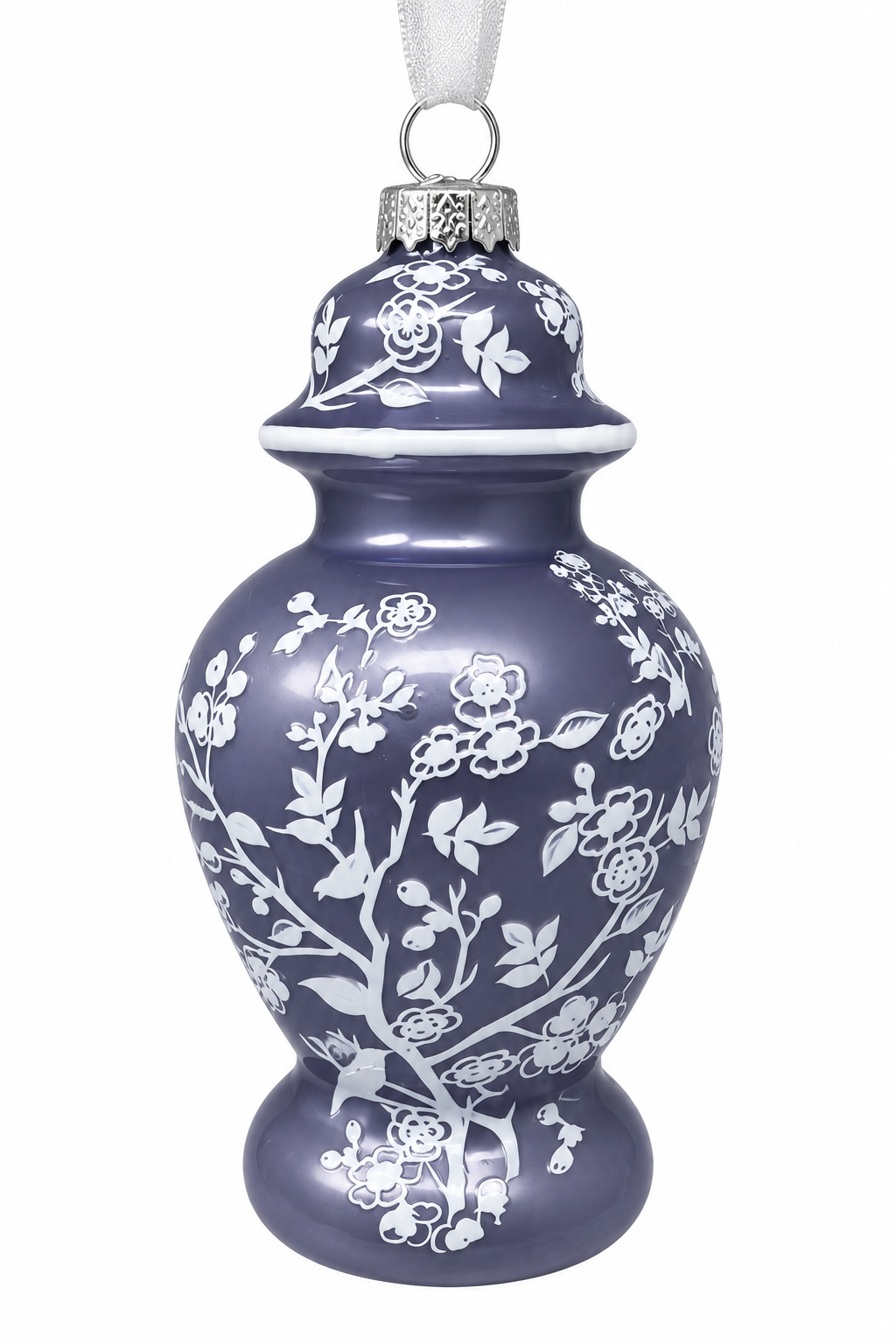 PEARLIZED BLUE & WHITE BIRD & VINE JAR ORNAMENT