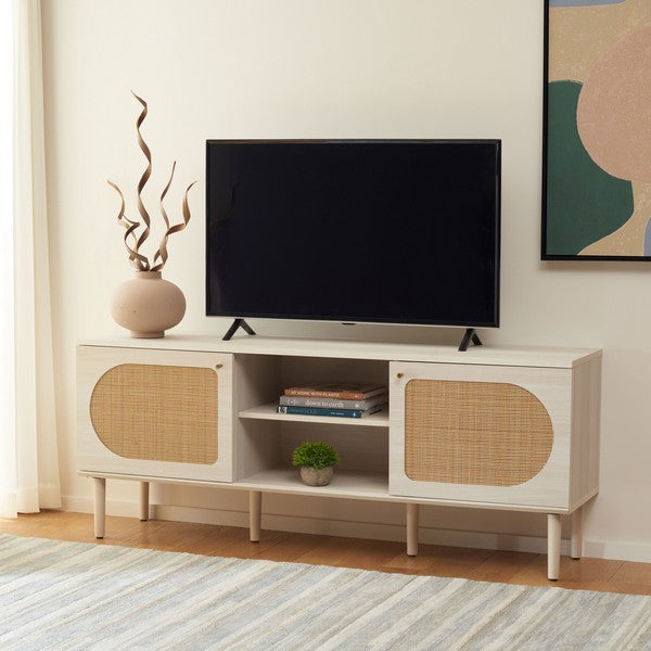 Claude 2 Door 2 Shelf Media Stand, MED9610 | Safavieh - Bleached White / Natural Rattan