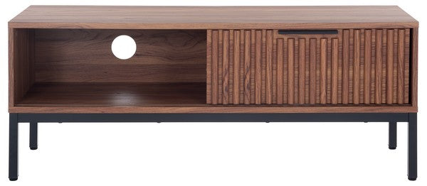 Lylia 1 Door Media Stand, MED9617 | Safavieh - Walnut / Black Legs / Black Handle