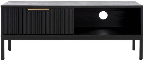 Lylia 1 Door Media Stand, MED9617 | Safavieh - Black / Black Legs / Gold Handle