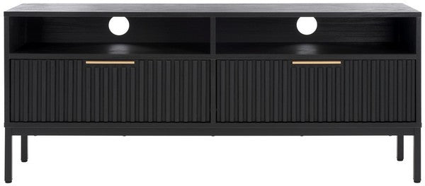 Lylia 2 Drawer 2 Shelf Media Stand, MED9622 | Safavieh - Black / Black Legs / Gold Handle