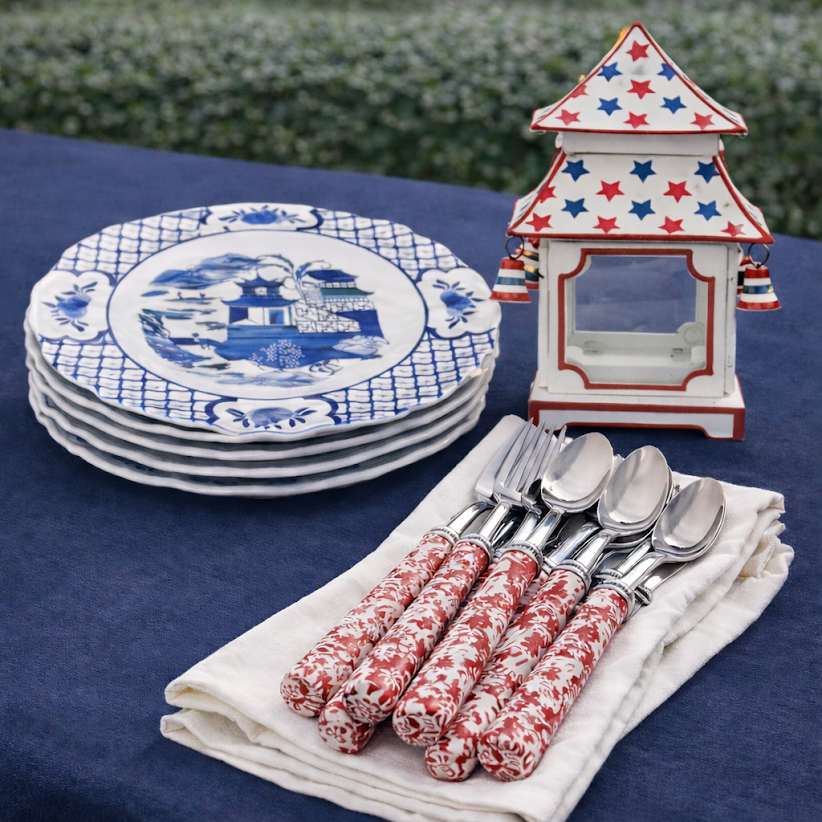 Red Chinoiserie Five Piece Flatware Set