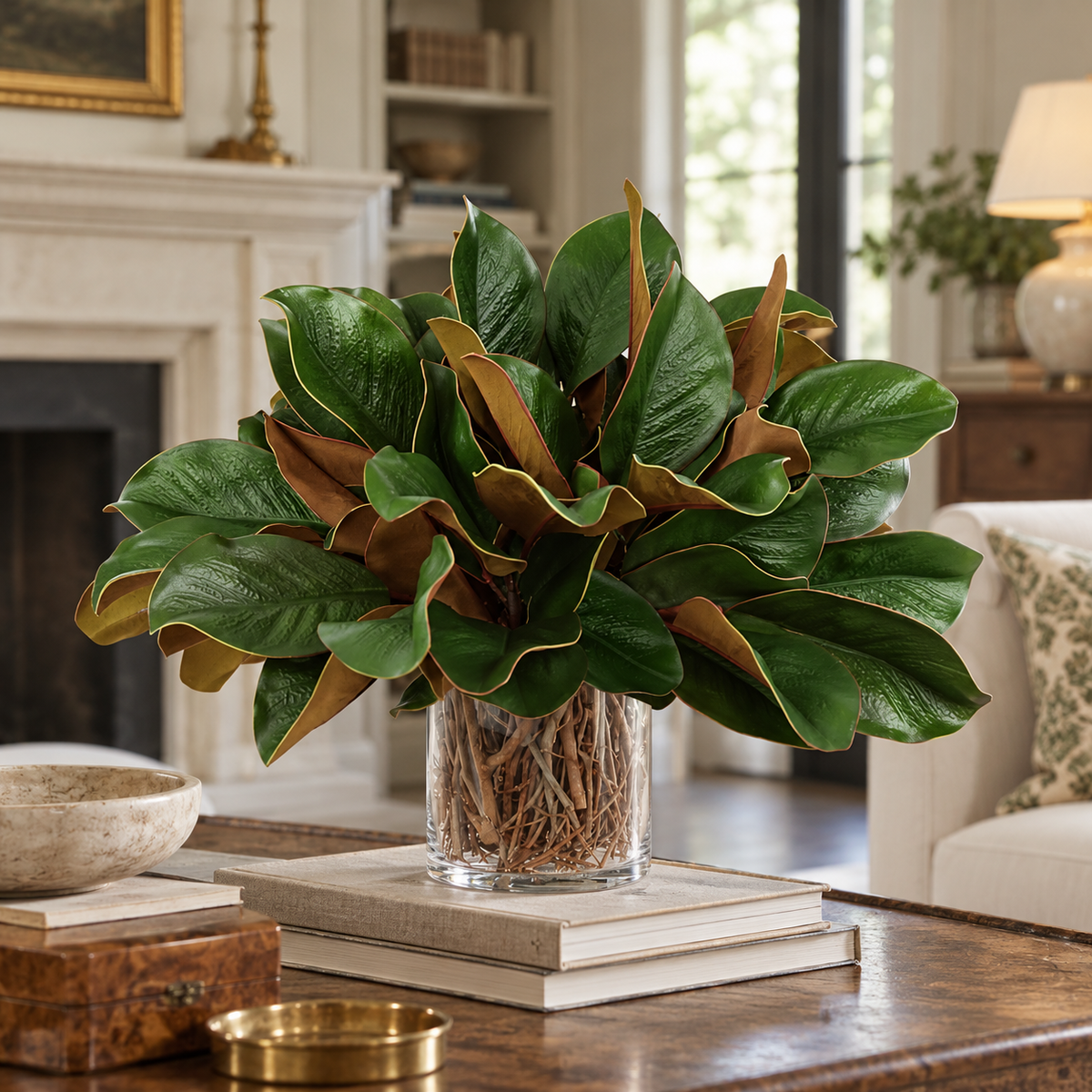 Southern Magnolia Leaf Arrangement in Glass Vase