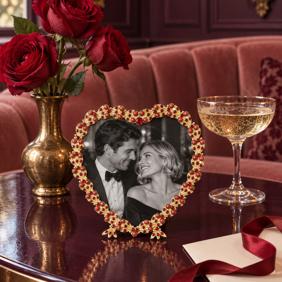 Contessa Heart 3.5" Picture Frame with Ruby Crystals & Red Pearls, Gold
