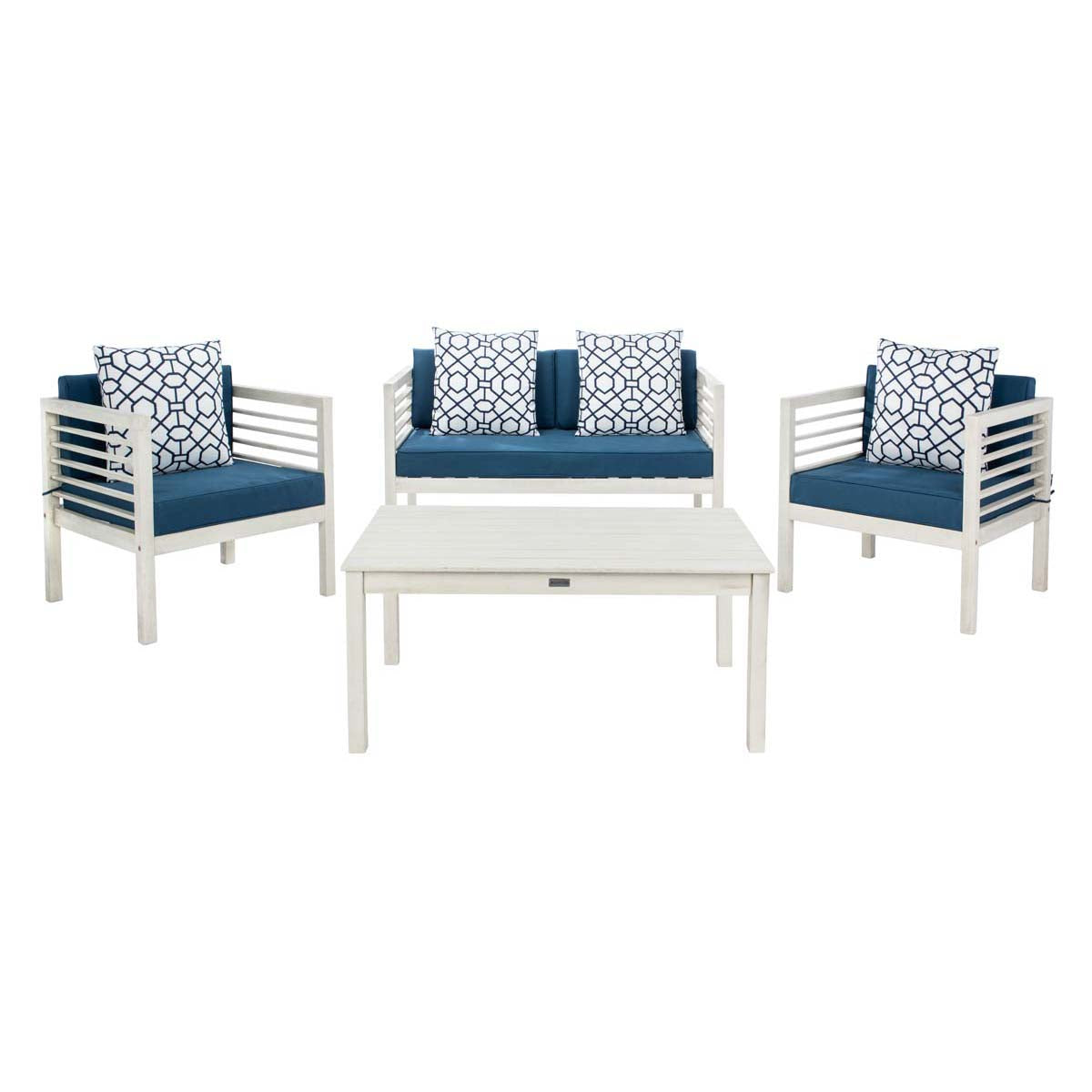 Safavieh Alda 4 Pc Outdoor Set With Accent Pillows , PAT7033 - White/Navy/White