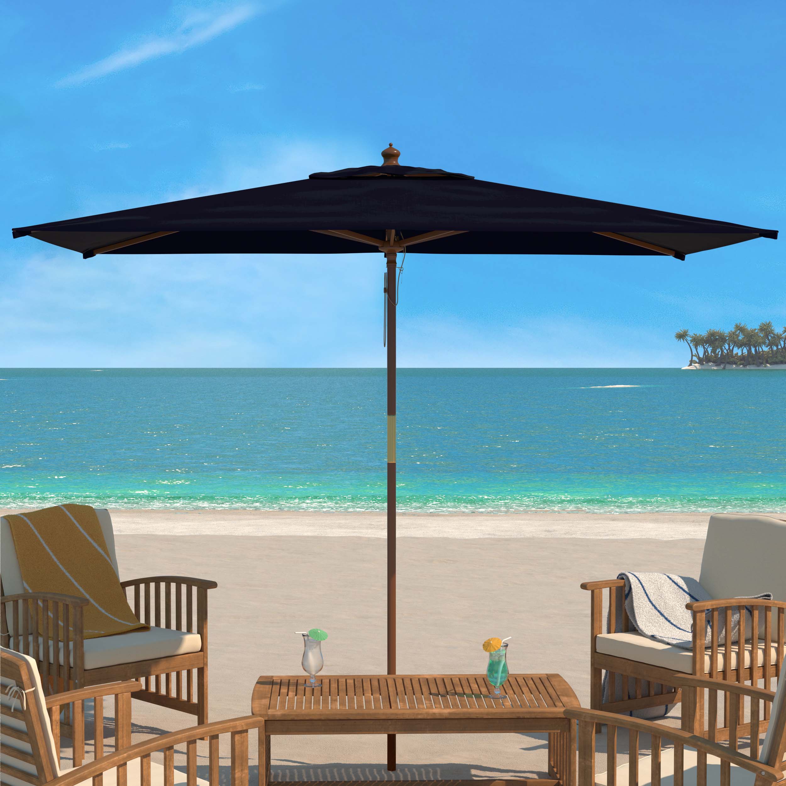 Safavieh Aklin 6.5Ft X 10Ft Rectangle Wooden Pulley Market Umbrella (No Tilt)/Beige , PAT8309 - Navy