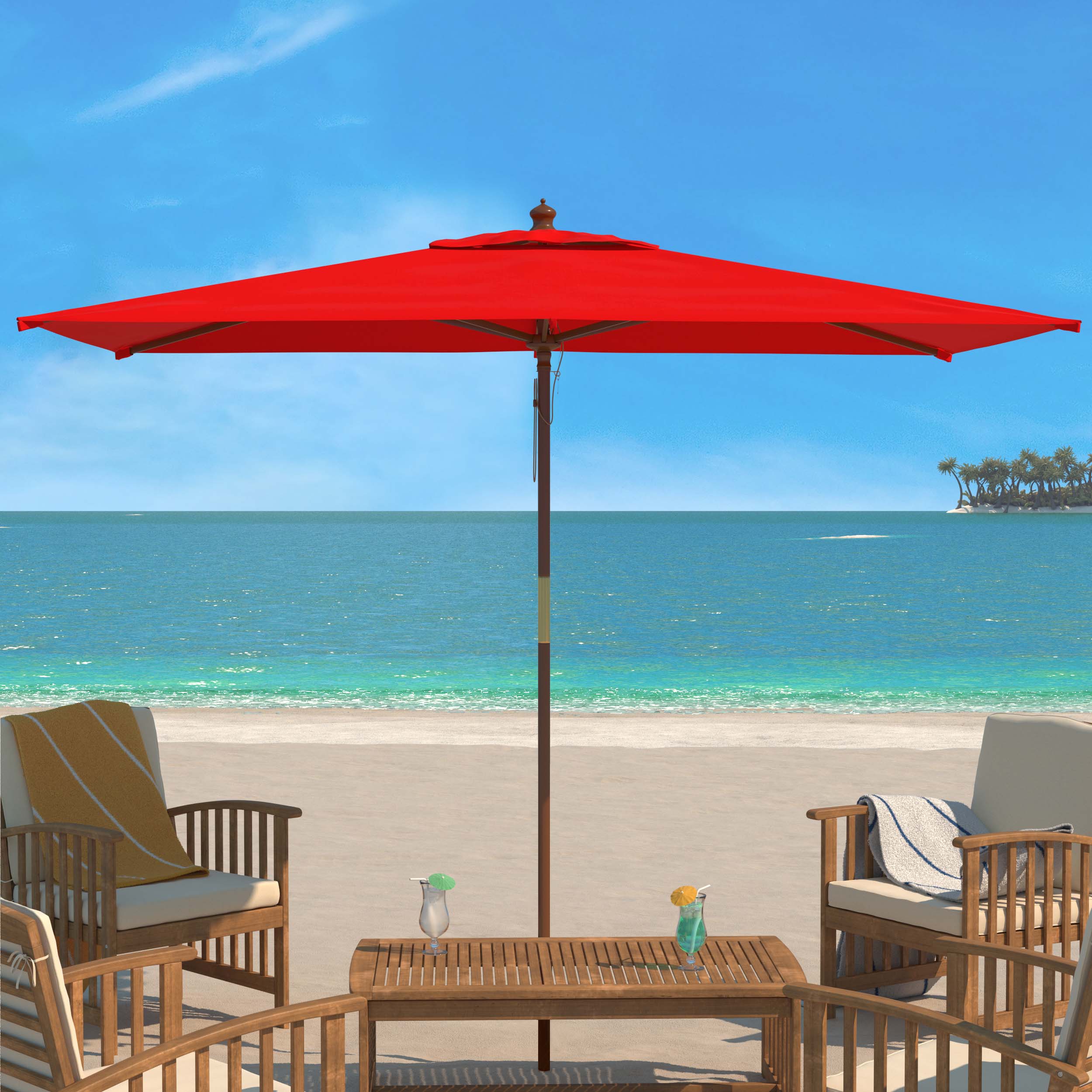 Safavieh Aklin 6.5Ft X 10Ft Rectangle Wooden Pulley Market Umbrella (No Tilt)/Beige , PAT8309 - Red