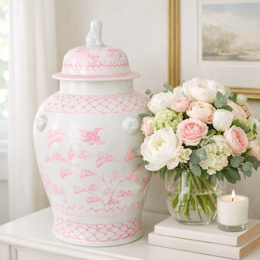 Pink & White Village Scene Jar