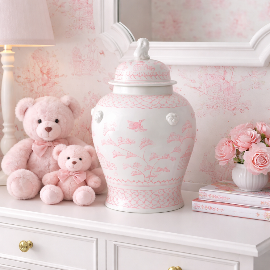 Pink & White Village Scene Jar