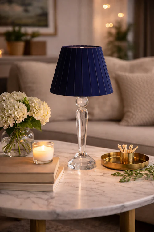 Round Crystal Rechargeable Lamp with Navy Velvet Shade