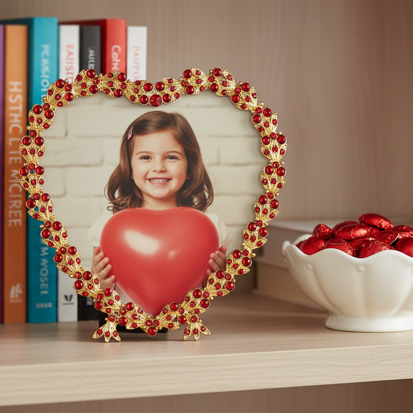 Contessa Heart 3.5" Picture Frame with Ruby Crystals & Red Pearls, Gold