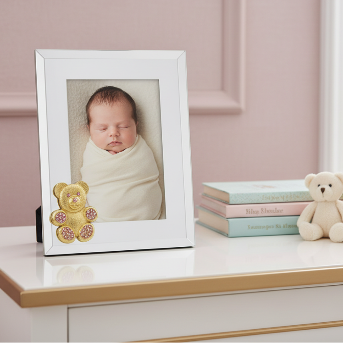 Teddy Bear with Light Rose Crystals 5" x 7" Picture Frame, Gold