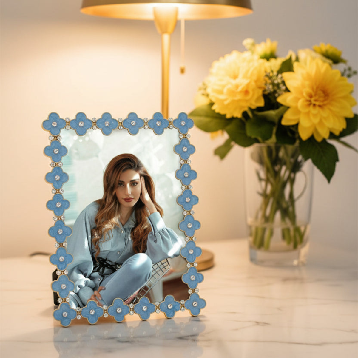 Light Blue Enamel Clover 5" x 7" Picture Frame, Gold