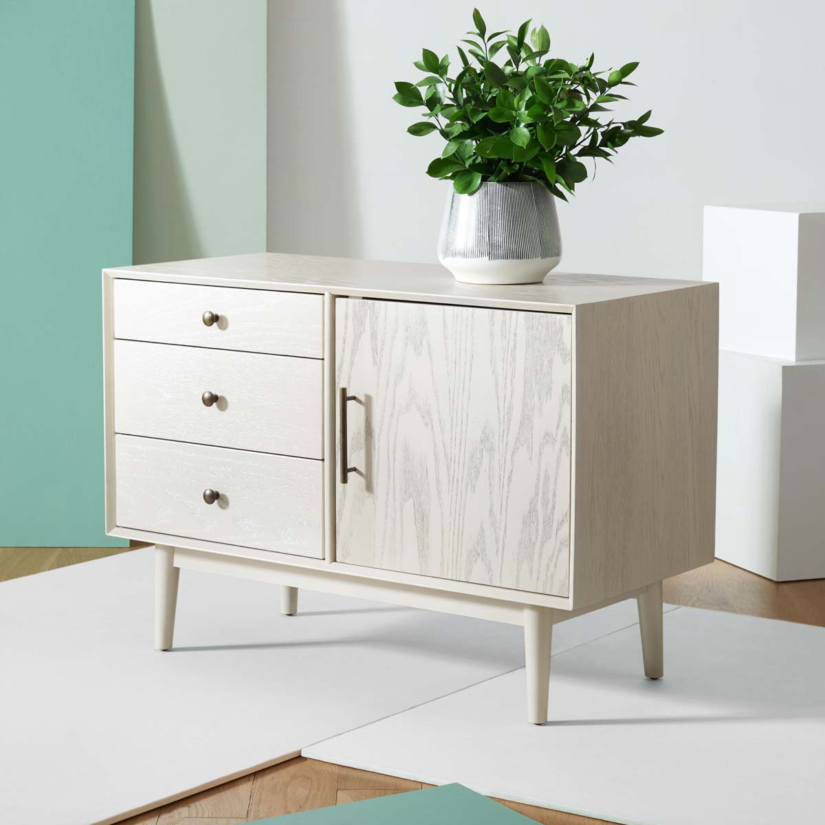 Elissa Mid-Century Small Media Stand | Safavieh Couture - SFV2116 - White Washed