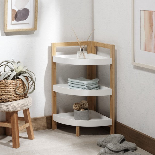 Adler 3 Tier Corner Shelf, STG1914 | Safavieh - White / Natural Bamboo