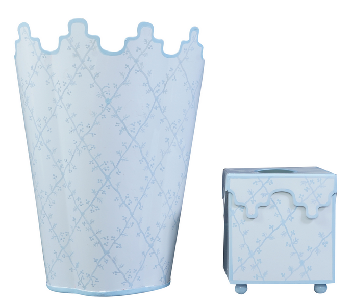 Pale Blue Tall Scalloped Rim Wastepaper Basket & Tissue Holder
