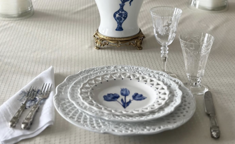 White Pierced Raised Dot and Floral Dinnerware