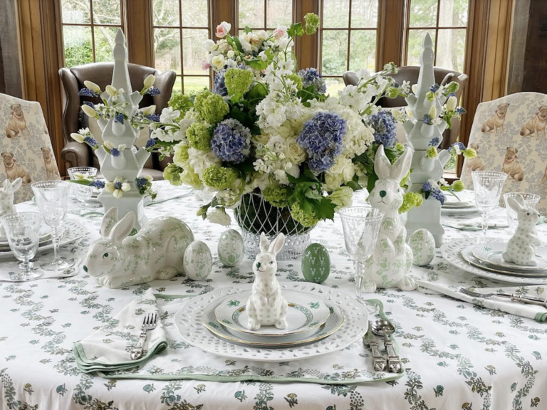 Large Green and White Floral Standing Bunny