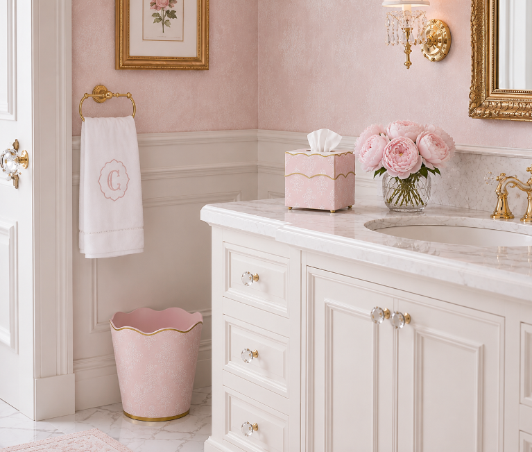 Pink Floral Scalloped Wastepaper Basket & Tissue (3 Options)