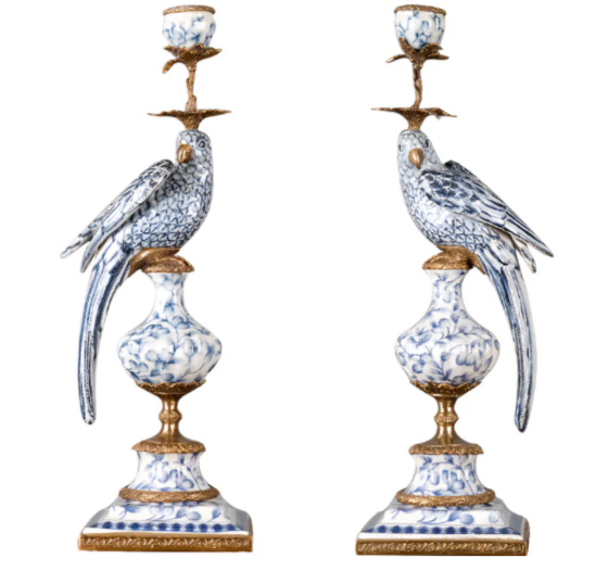 Blue & White Porcelain Bird Ormolu Candle Stick