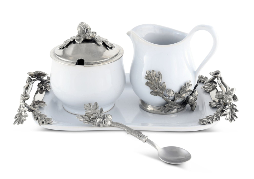 STONEWARE CREAMER SET - PEWTER ACORN & OAK LEAF