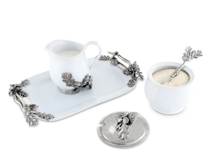 STONEWARE CREAMER SET - PEWTER ACORN & OAK LEAF