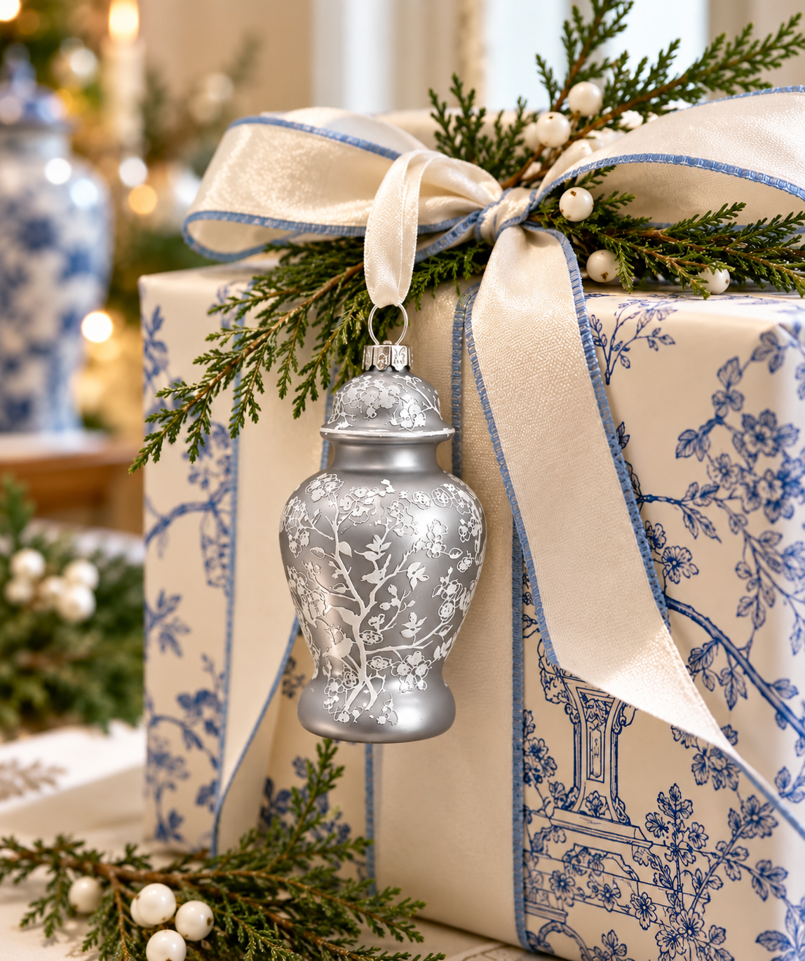 Box of 4 Pearlized Silver Ginger Jar Gift Topper