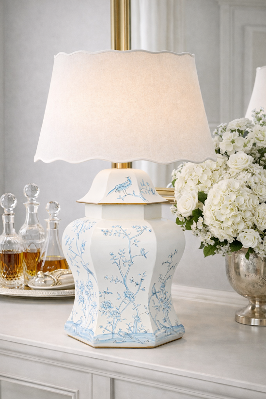 Ivory & Blue Scalloped Hexagon Lamp