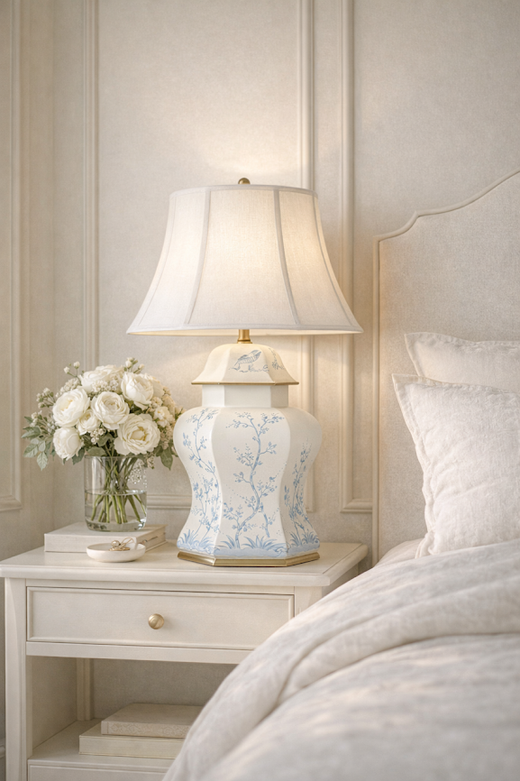 Ivory & Blue Scalloped Hexagon Lamp
