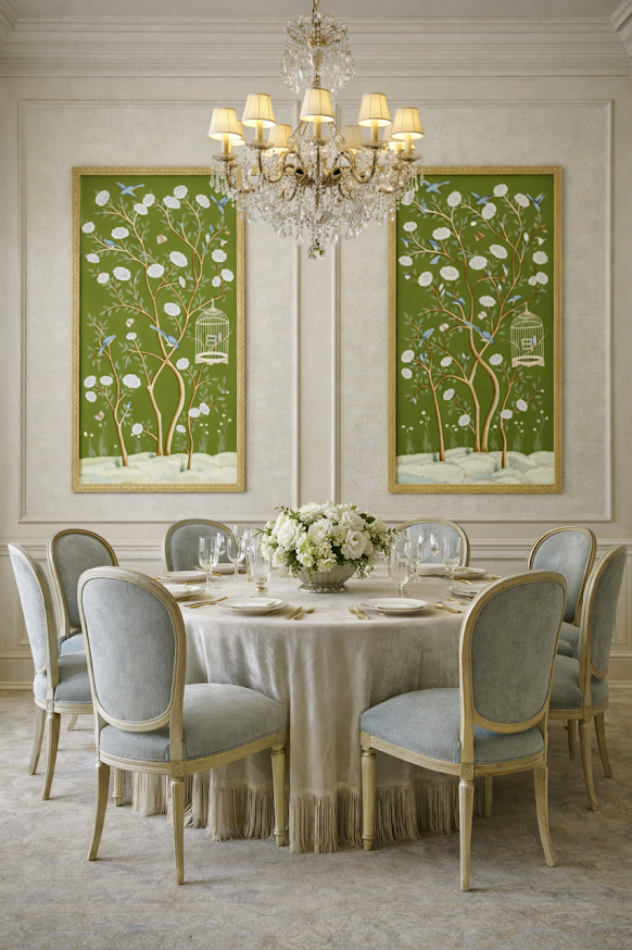 Moss Green AND MULTI COLOR Bird Cage CHINOSERIE MURAL