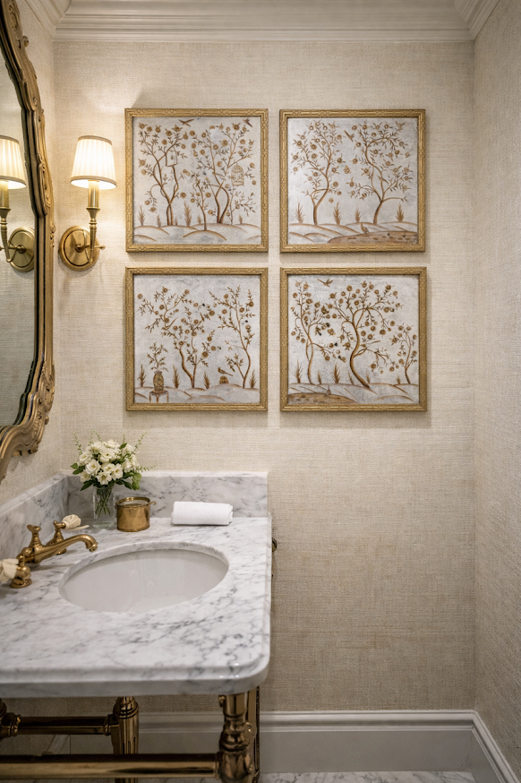 Pewter and Gold CHINOISERIE MURAL WITH GOLD FRETWORK FRAME