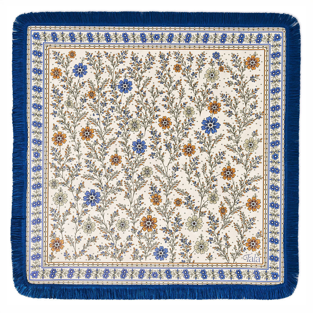 The Montecito Mahjong Mat - Wildflowers with Blue Fringe