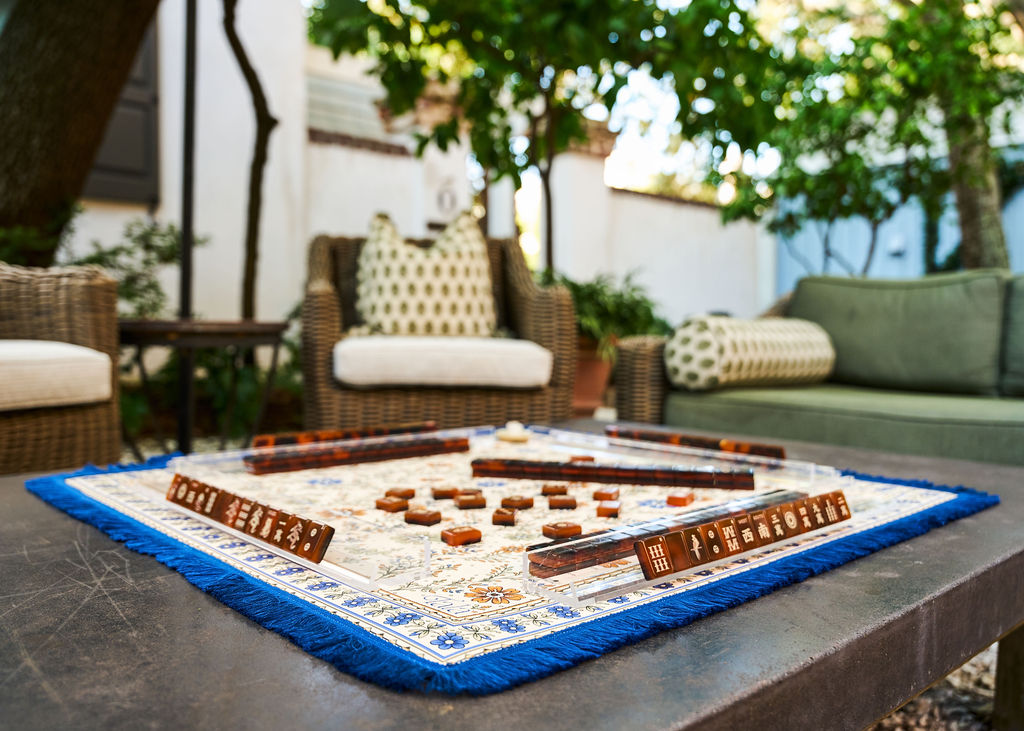 The Montecito Mahjong Mat - Wildflowers with Blue Fringe