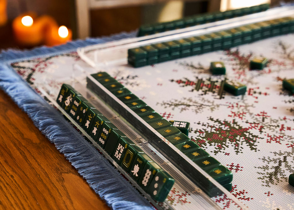 Sweater Weather - Holiday Mahjong Mat with Winter Blue Fringe