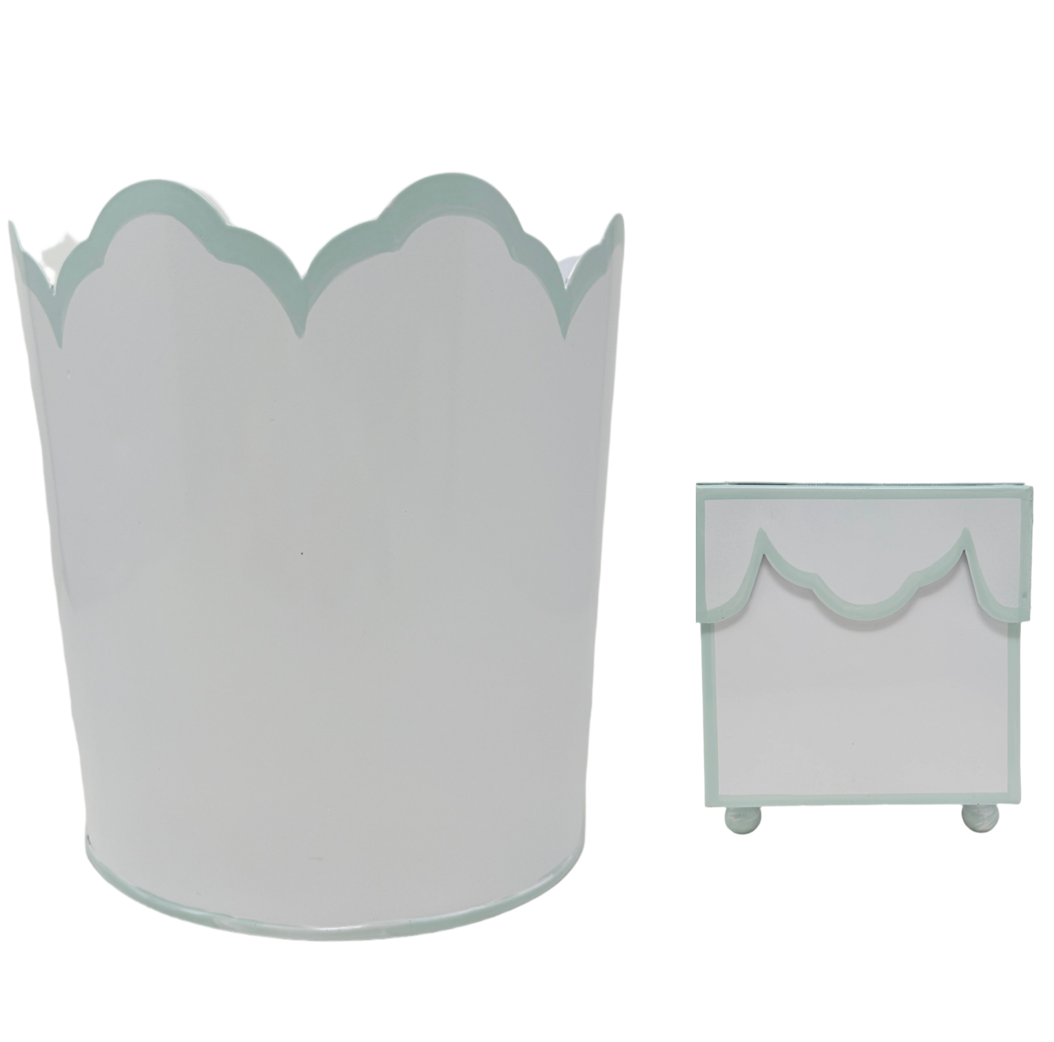 White & Mint Blue Scalloped Tissue Holder & Small Wastepaper Basket
