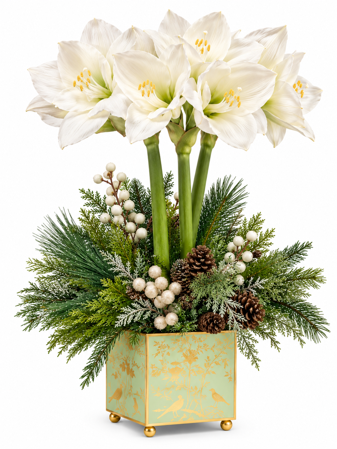 White Amaryllis & Winter Greens in Chinoiserie Planter