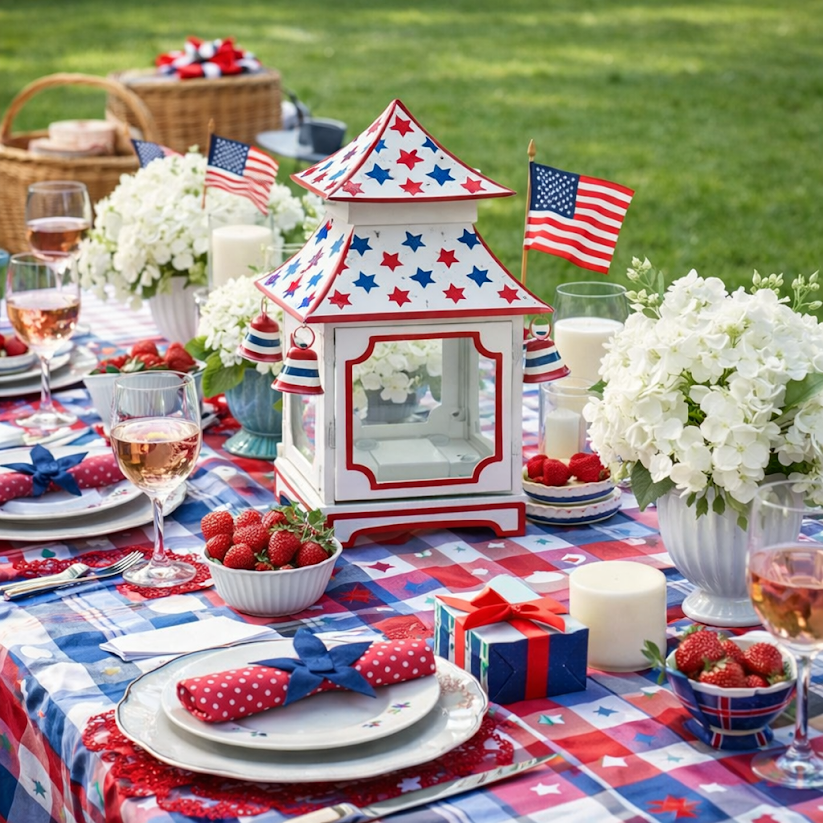 White with Red & Blue Star Red Trim Pagoda Lantern (4 Sizes)