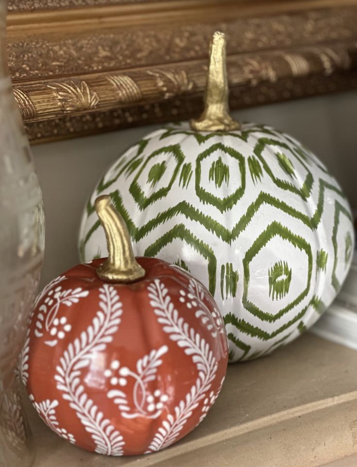 Rusty Red Pumpkin with White Floral and Vine