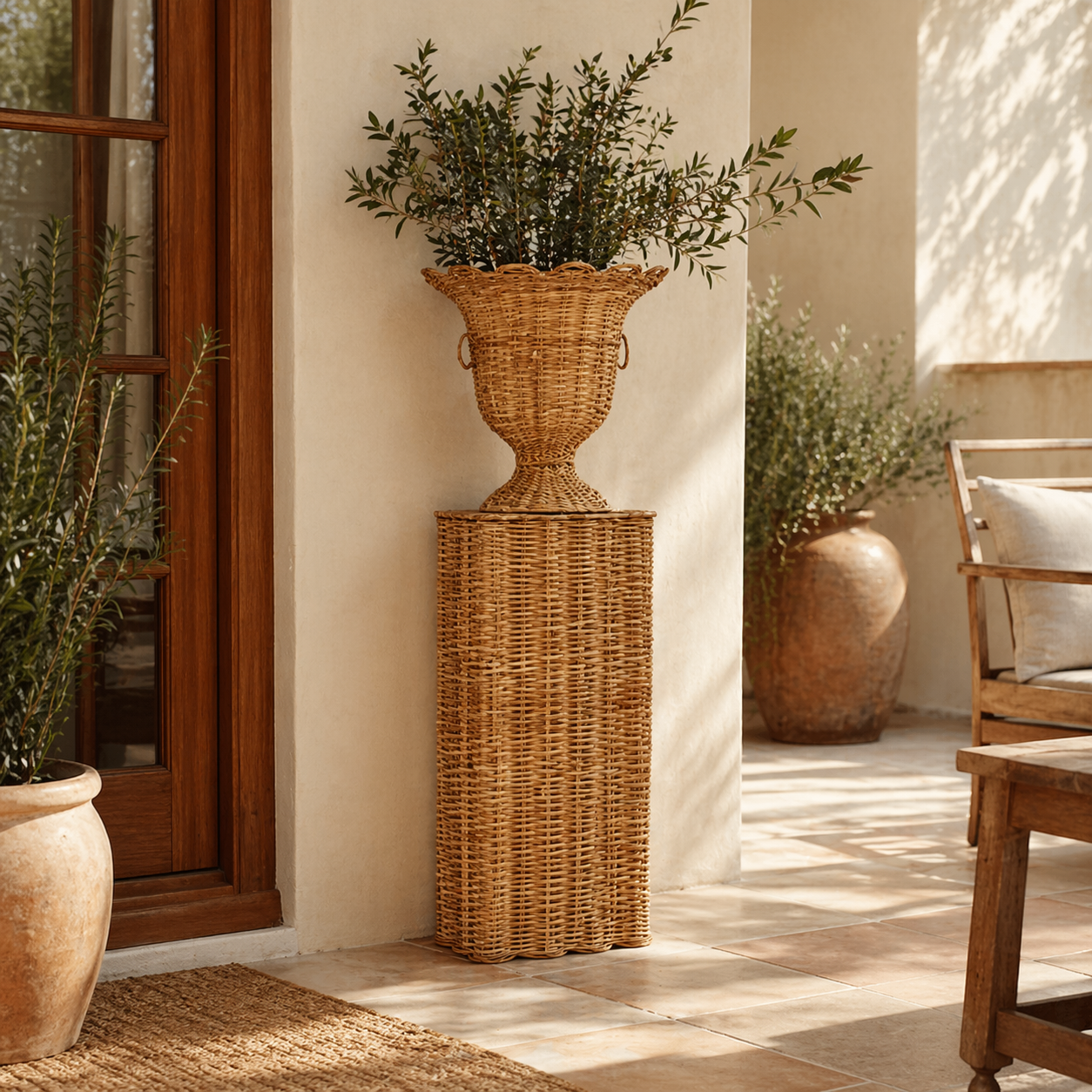 Square Scalloped Wicker Urn and Pedestal (3 Options)