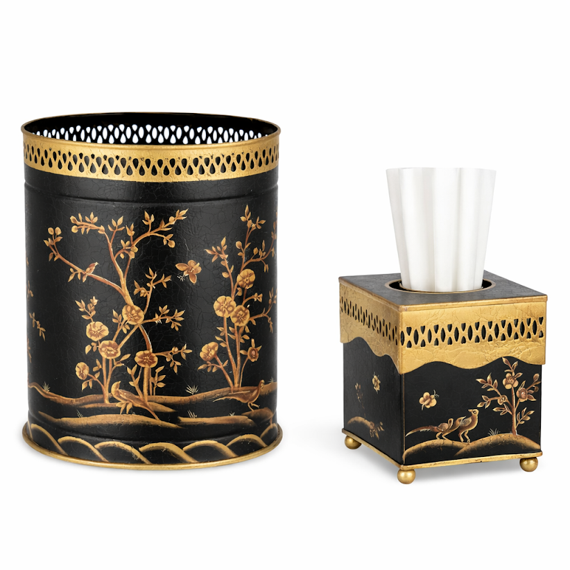 Black & Gold Oval Pierced Wastepaper Basket & Tissue (3 Options)