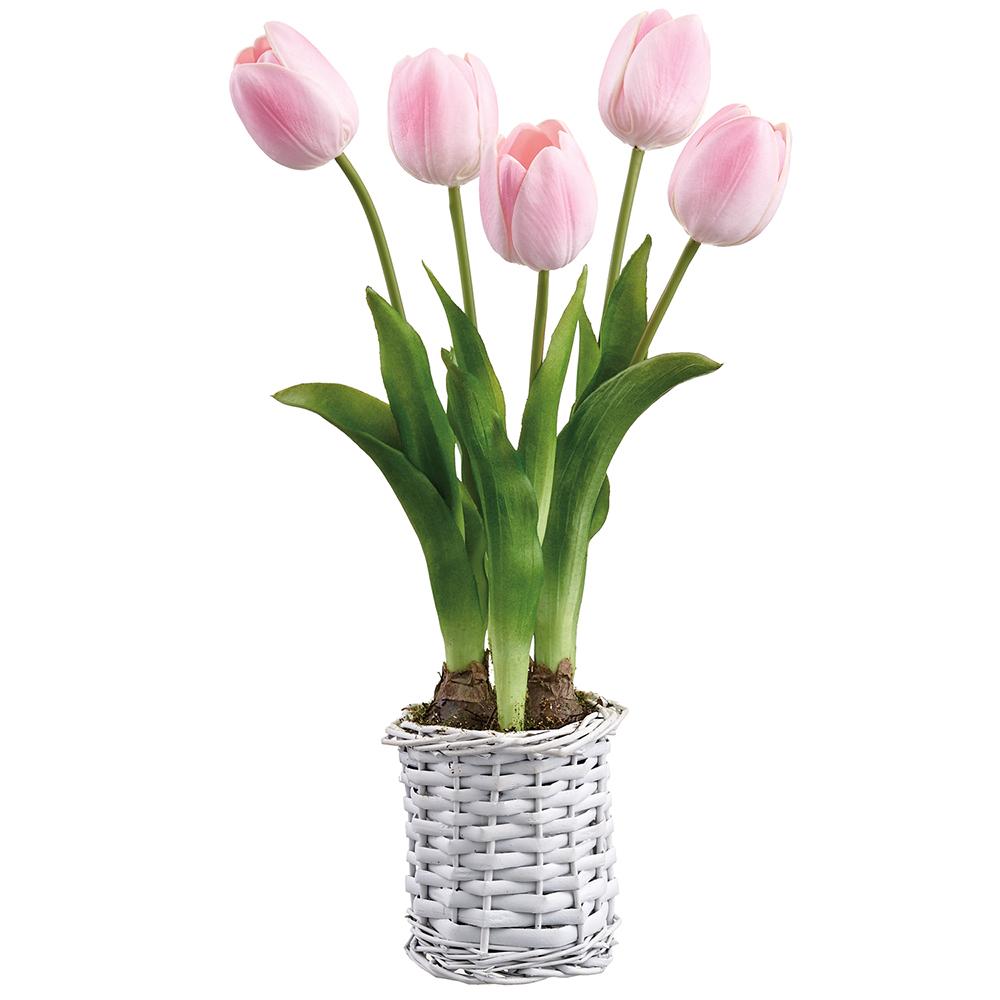 Set of 4 Pink Tulips in White Wicker Baskets