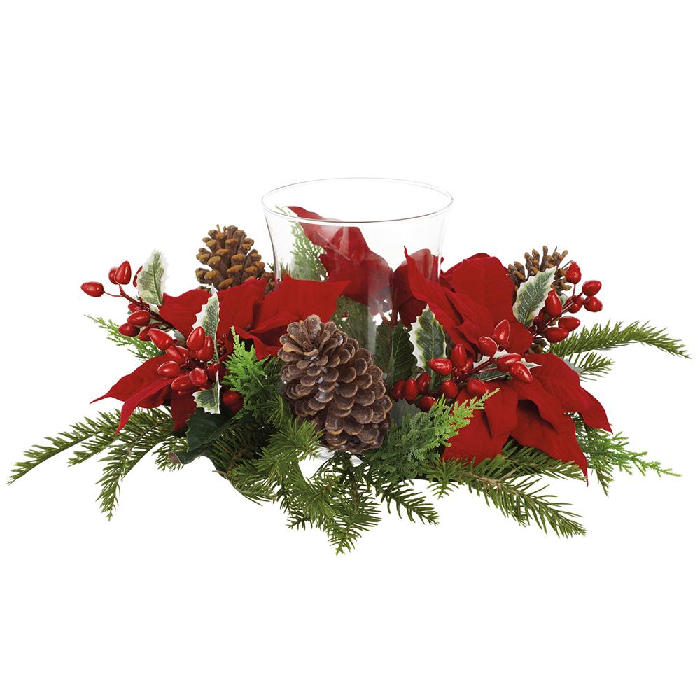 Poinsettia/Holly/ Berry /Pine Centerpiece With Glass Candleholder