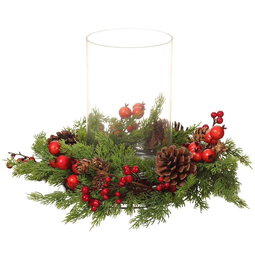 Pair of Pine Cone/Berry/Cedar Centerpiece With Glass Candleholder