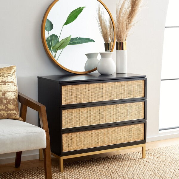 Zadie 3 Drawer Rattan Chest | Safavieh - CHS5004 - Black / Gold