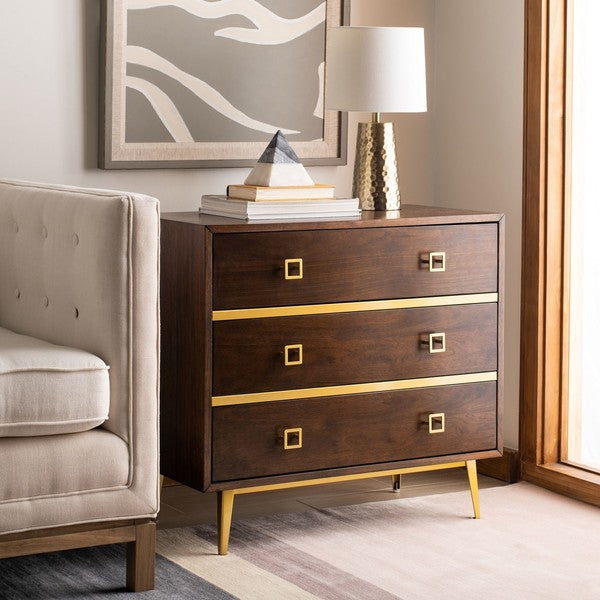 Katia 3 Drawer Chest, CHS6413 | Safavieh - Walnut/Gold